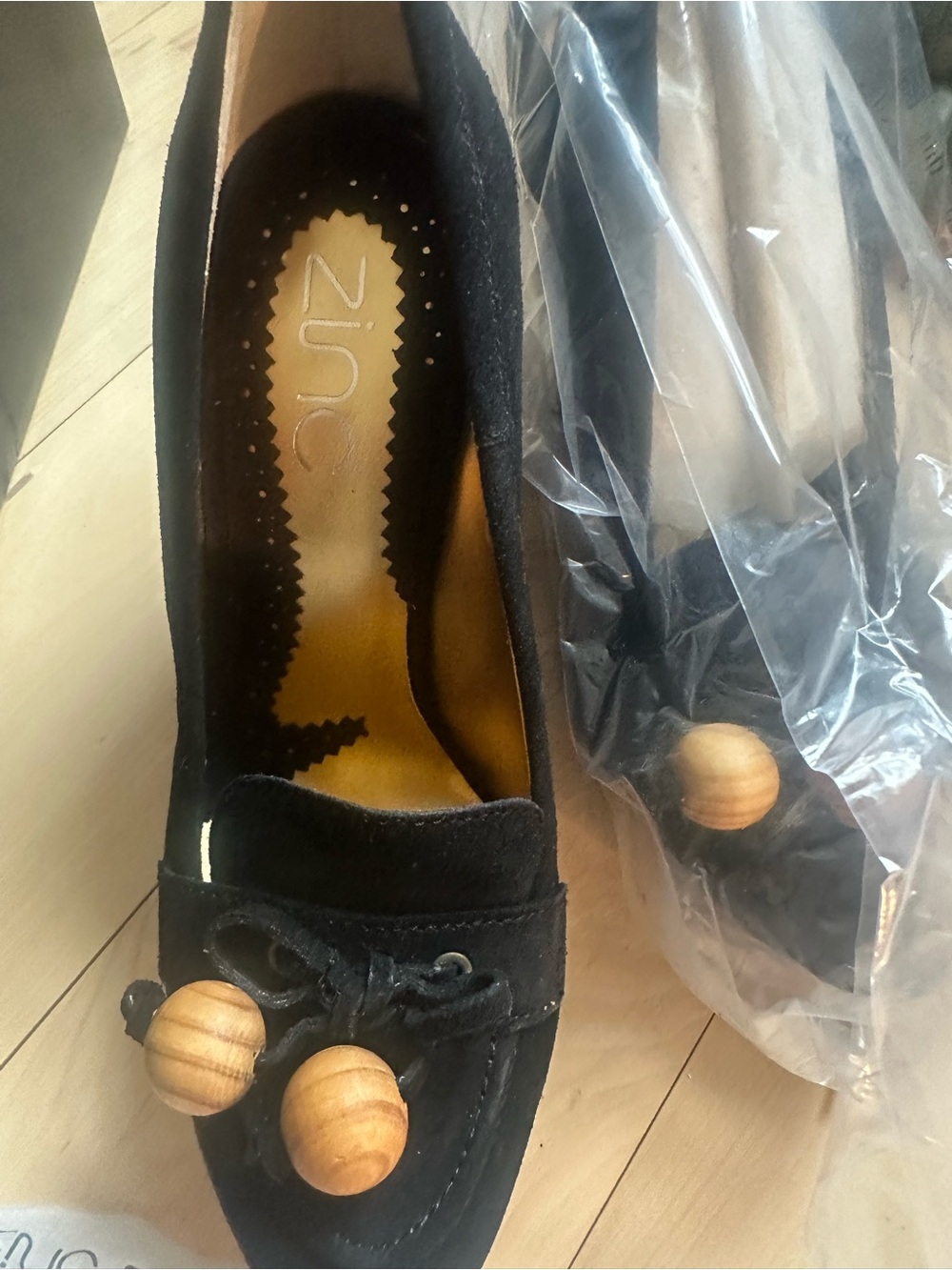 zinc Black Suede Loafers with Wooden Bead Accents